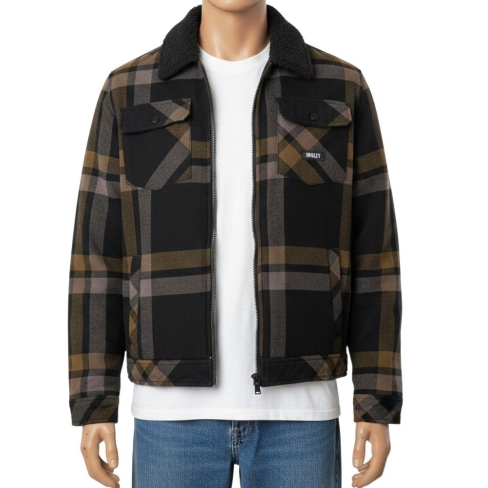 Hurley Mens Sherpa Lined Flannel Trucker Jacket Large Charcoal Brown Plaid Thick